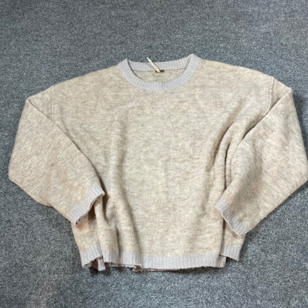 Free People Sweater Small Oversized Greige Alpaca Wool Crewneck Knit Cropped